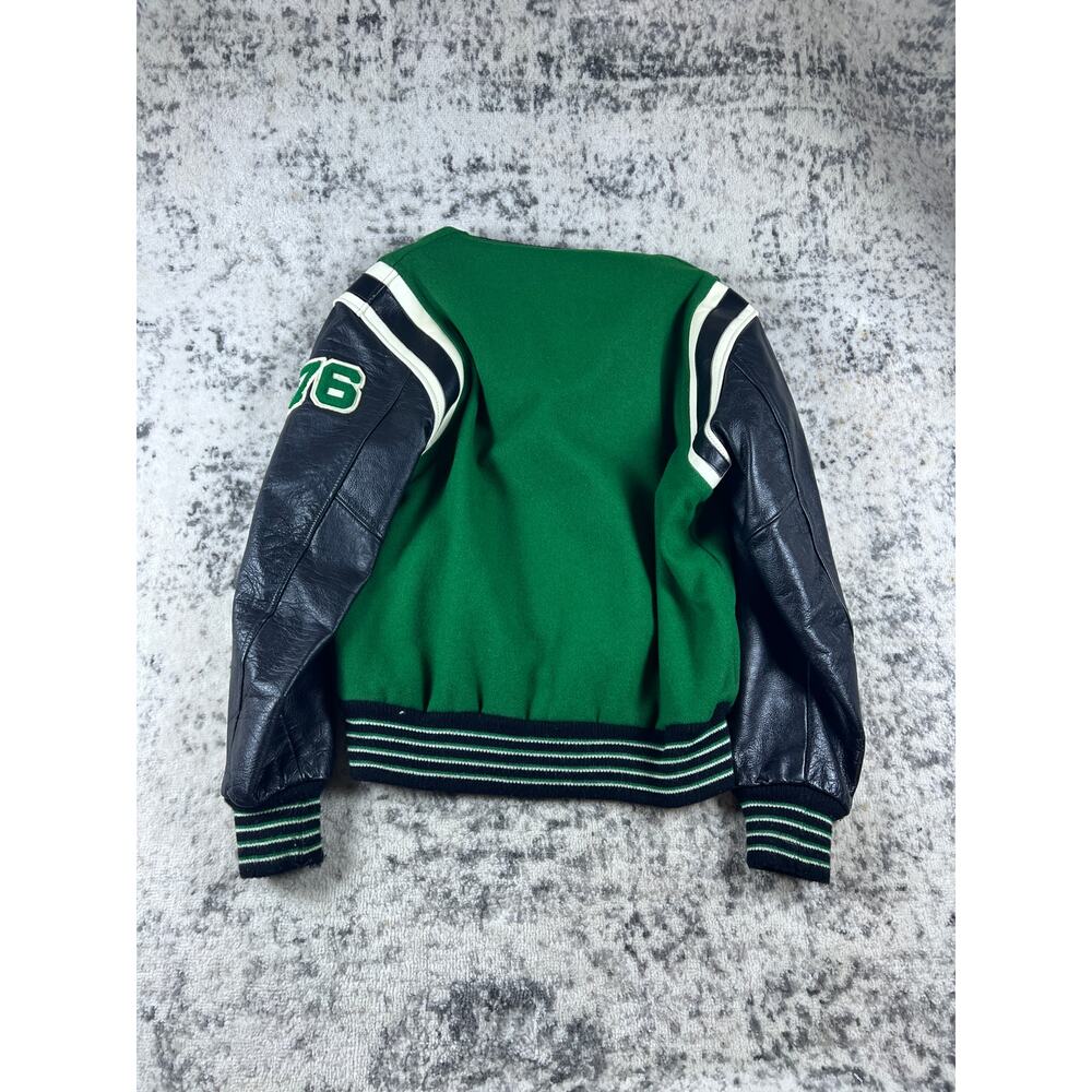 Vintage 70s Varsity Letterman Jacket Mens L Green Black Wool Leather Patch 76 - Picture 6 of 7